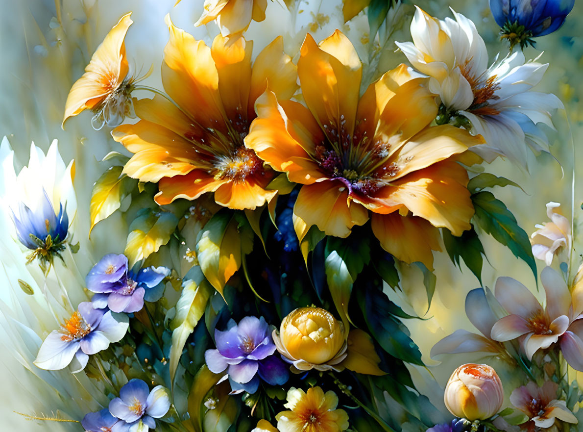 Colorful digital painting of lush bouquet with orange, blue, and white flowers