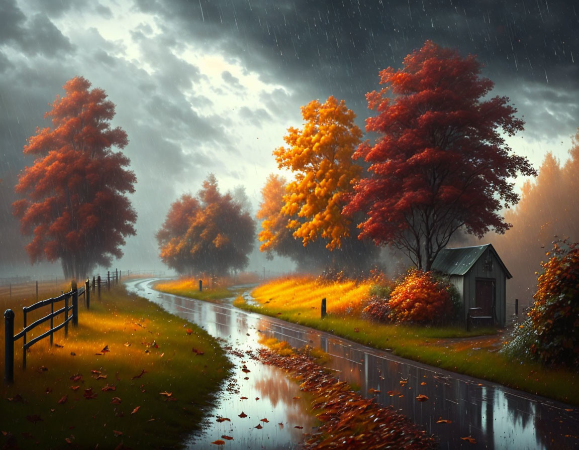 Vivid autumn trees, wooden hut, rain, moody sky - picturesque scene