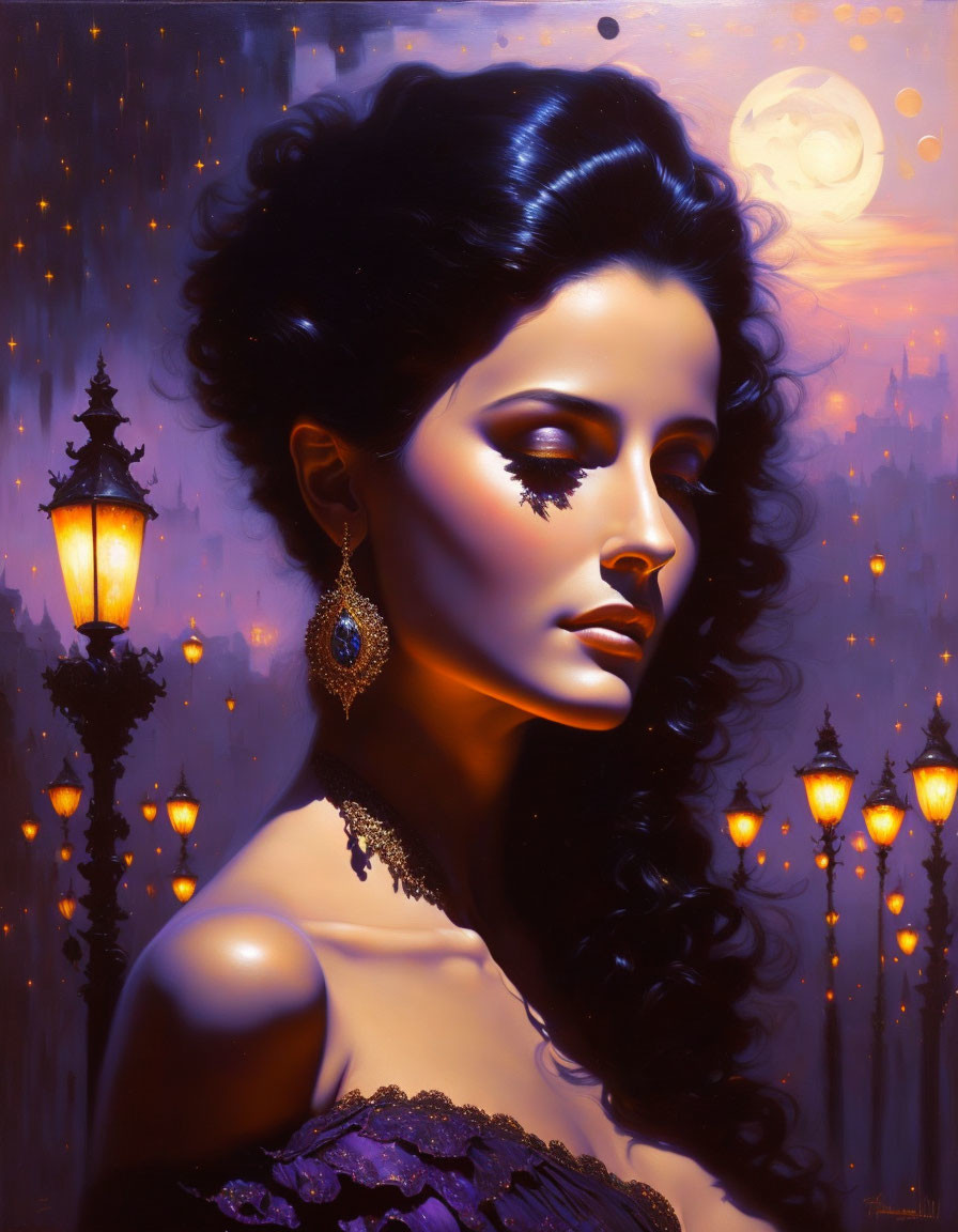 Dark-haired woman with earring under moonlit night street lamps