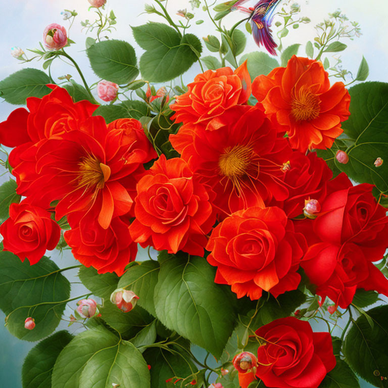 Red Roses Bouquet with Full Blooms and Green Leaves on Soft Blue Sky Background