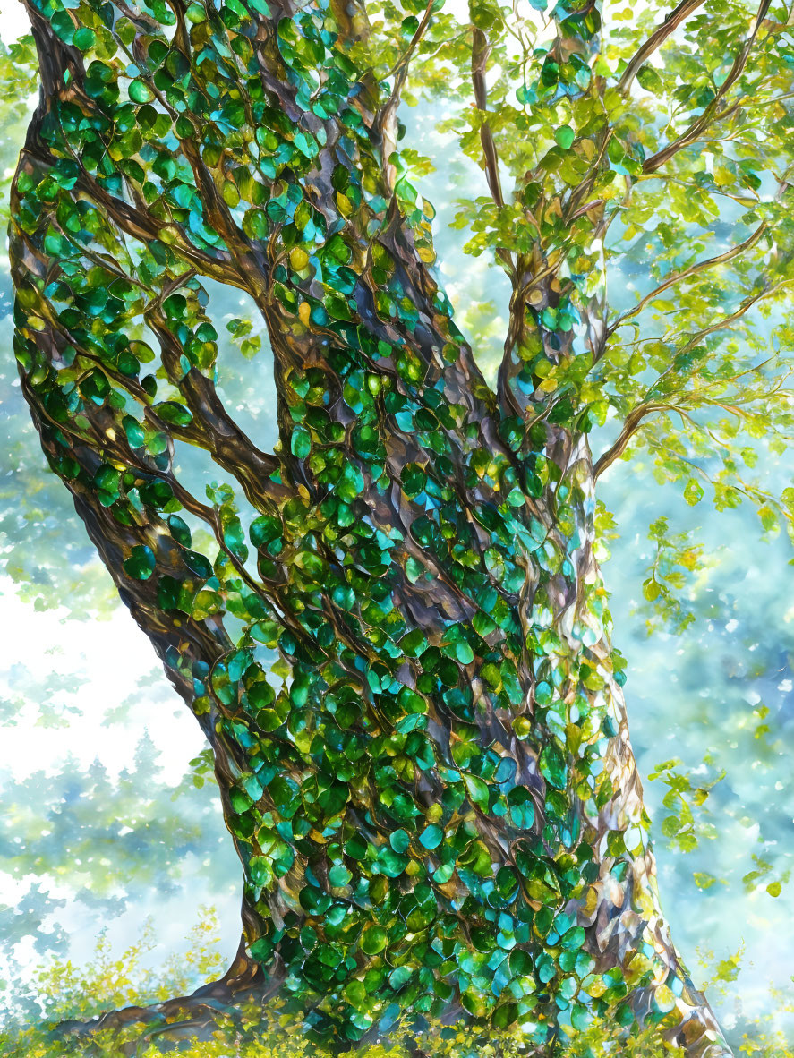 Colorful digital artwork: Twisted tree with green foliage on sunny sky backdrop