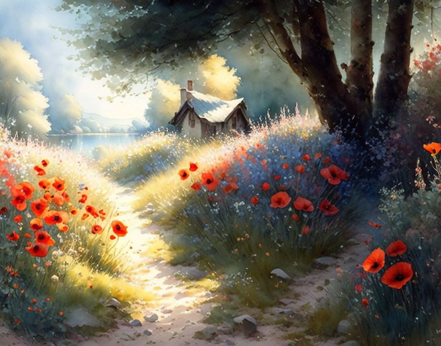 Serene cottage surrounded by trees and poppies in sunlight