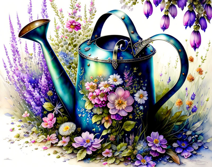 Colorful illustration: Blue watering can among vibrant flowers