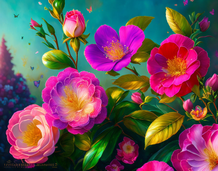 Colorful digital artwork: Diverse flowers in pink and red with butterflies on teal.