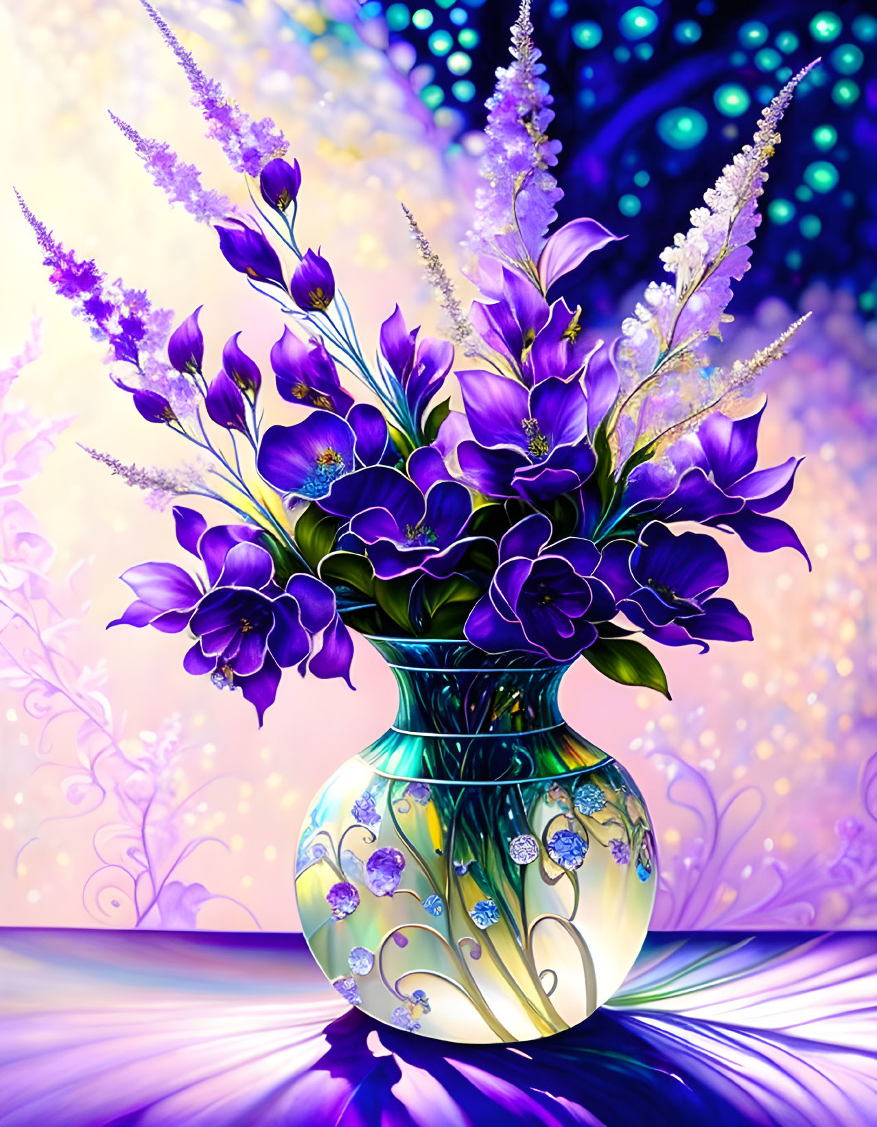 Purple flowers in ornate vase on blue and purple background