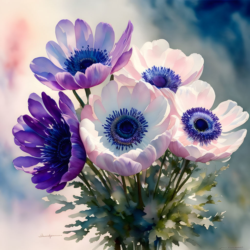 Vibrant anemone flowers with purple and white petals on blurred background