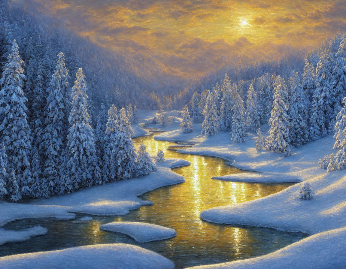 Snow-covered trees, icy river, warm sunset - Winter landscape view