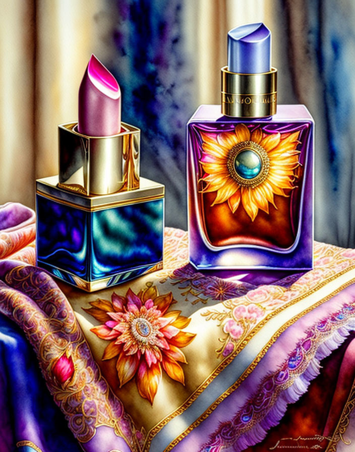 Colorful Lipstick and Perfume Bottle Illustration on Floral Patterned Fabric