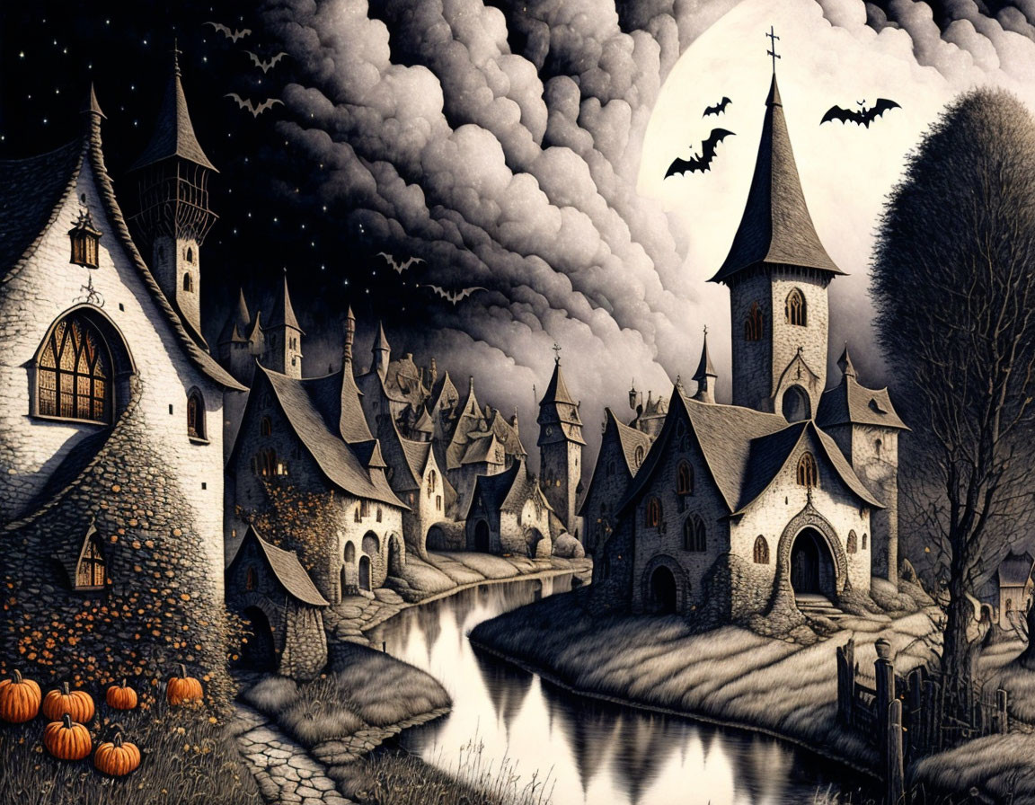 Monochrome Halloween village with pumpkins, church, bats, moon, and cloudy sky