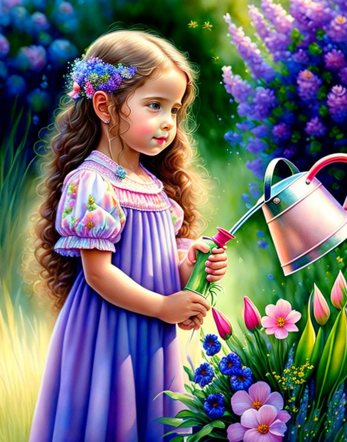 Young girl with floral headband in vibrant garden scene