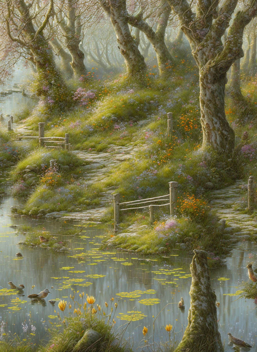 Tranquil forest scene with winding path, stream, ducks, wildflowers, sunlight.