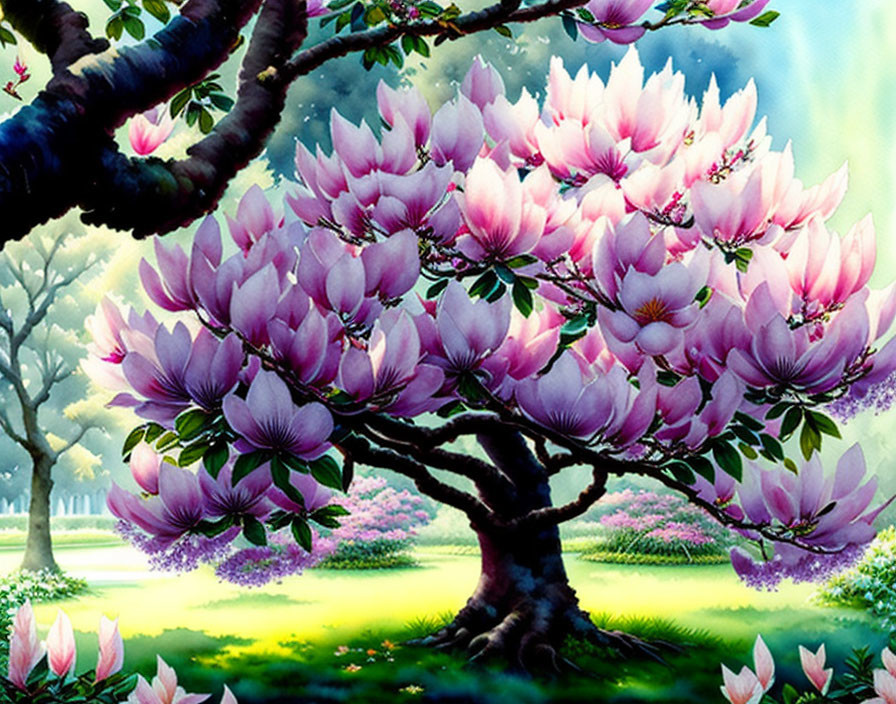 Colorful painting of blooming magnolia tree in serene landscape