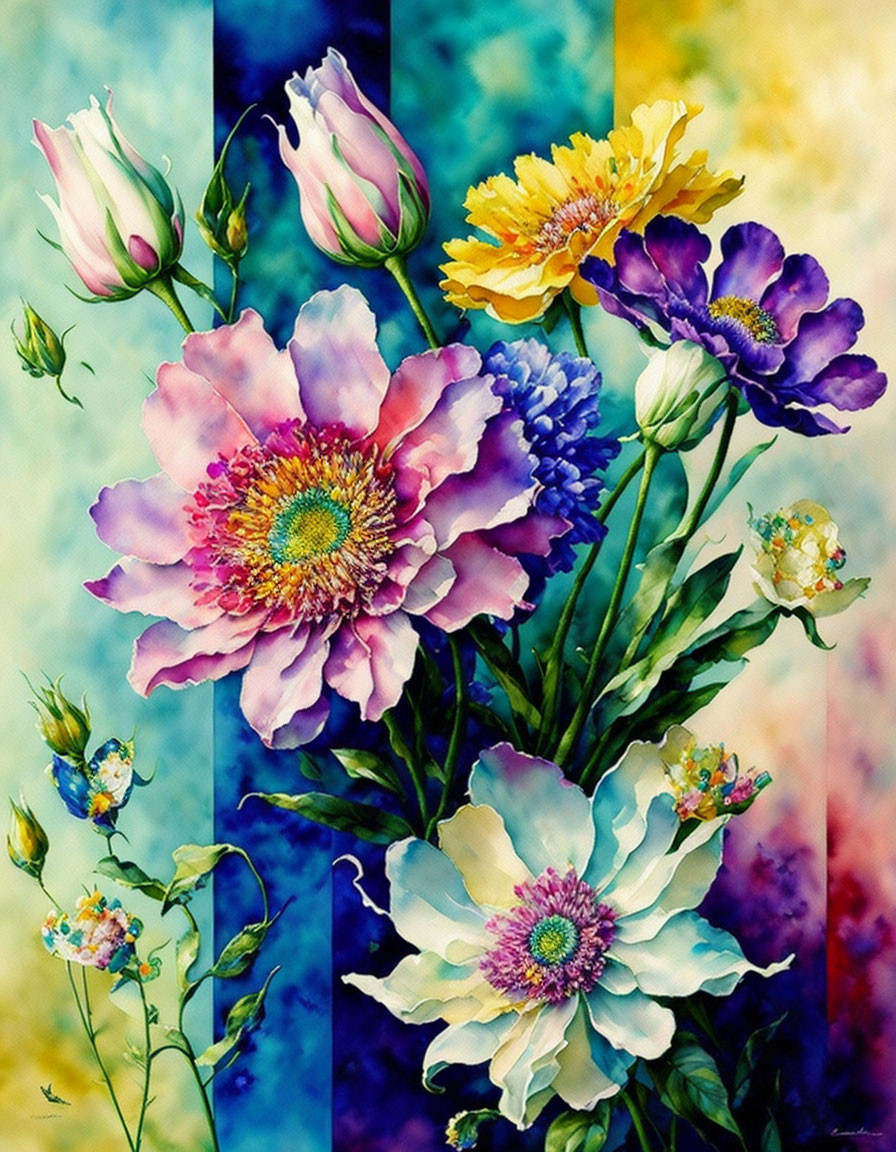 Colorful Flower Painting with Tulips and Daisies in Watercolor