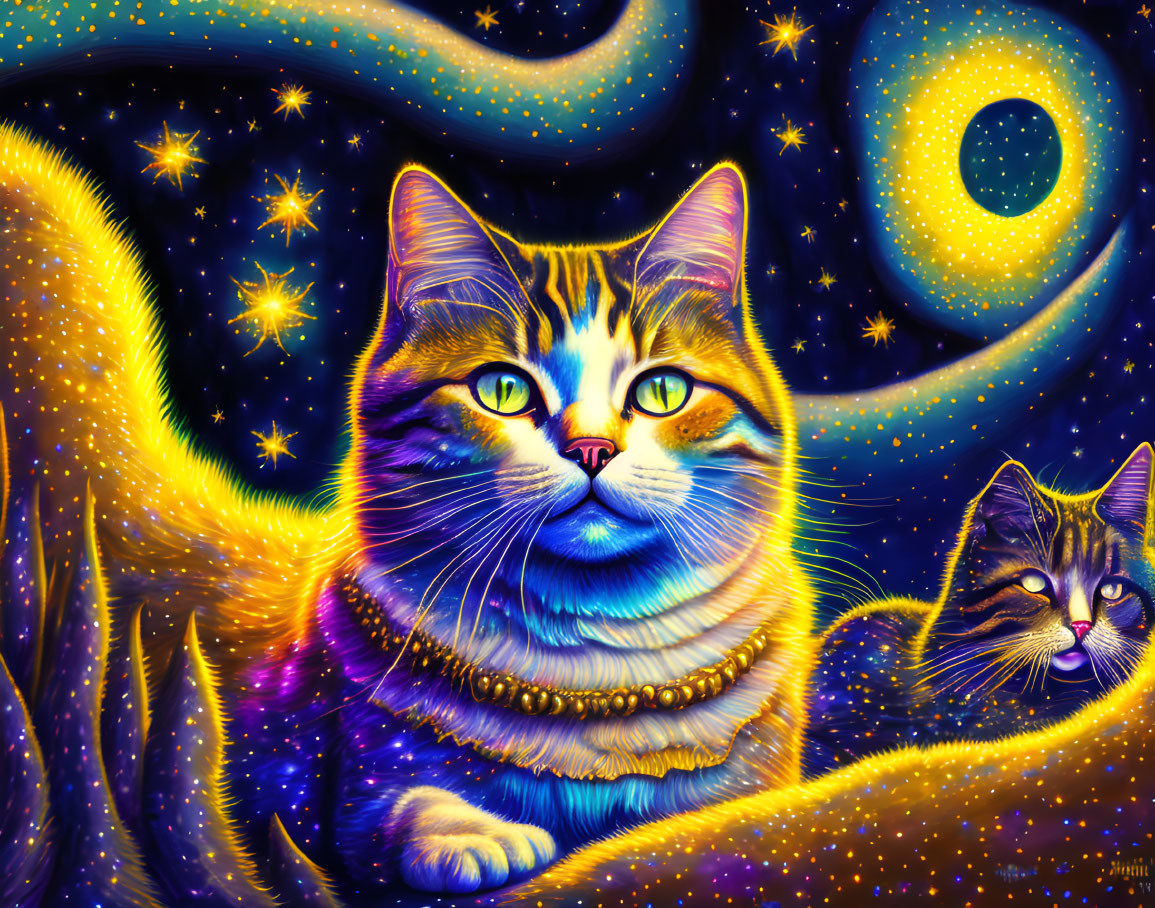 Cosmic-themed digital artwork featuring two cats