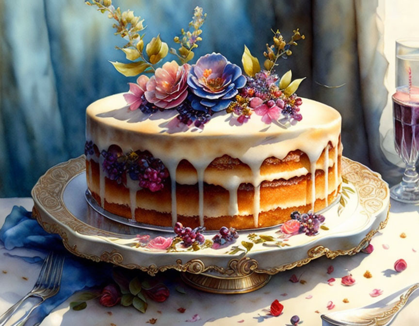 Elegant cake with white icing, purple flowers, and berries on decorative plate.