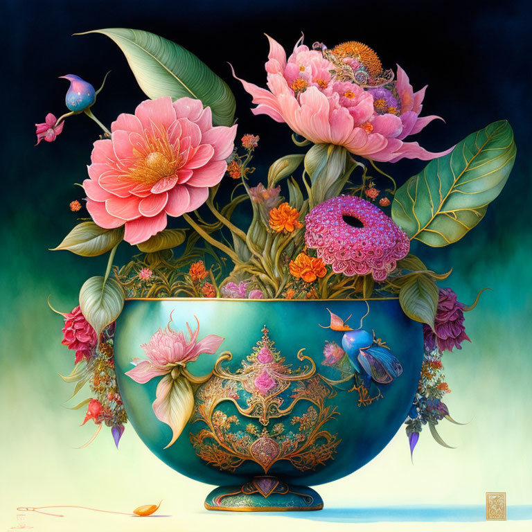 Colorful painting of decorative bowl with flowers and birds