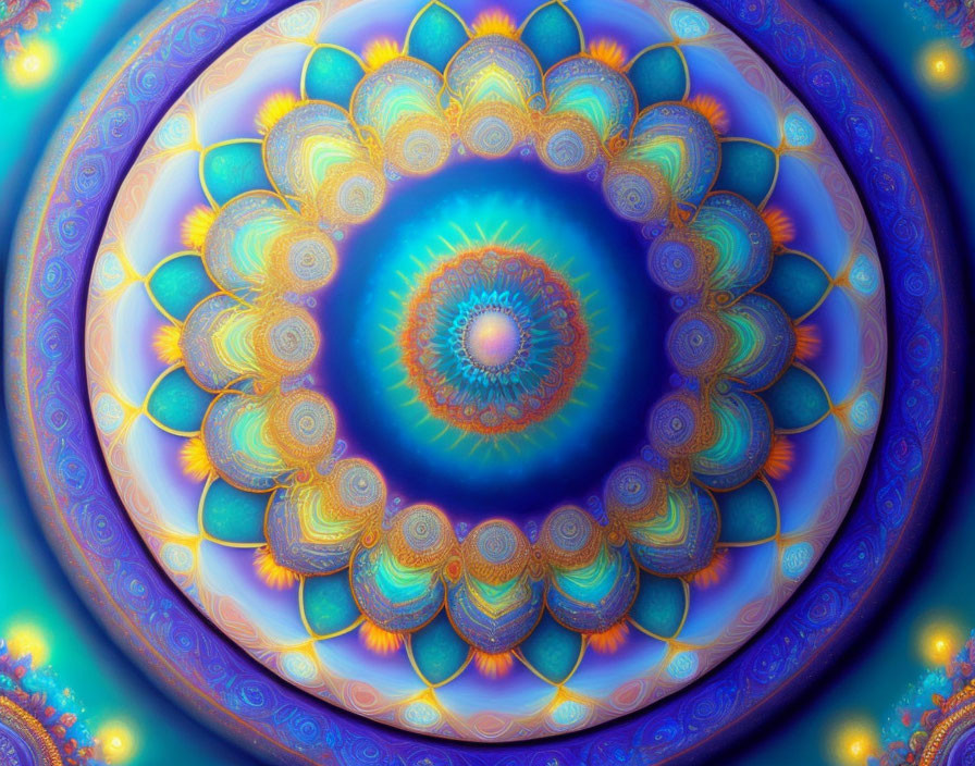 Colorful Mandala Art with Blue and Gold Patterns surrounded by Symmetric Fractals