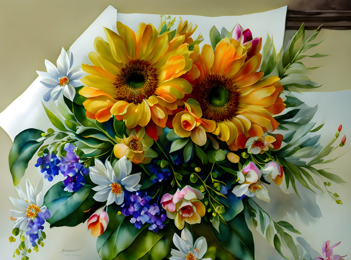 Colorful Sunflower and Daisy Bouquet on Beige Background