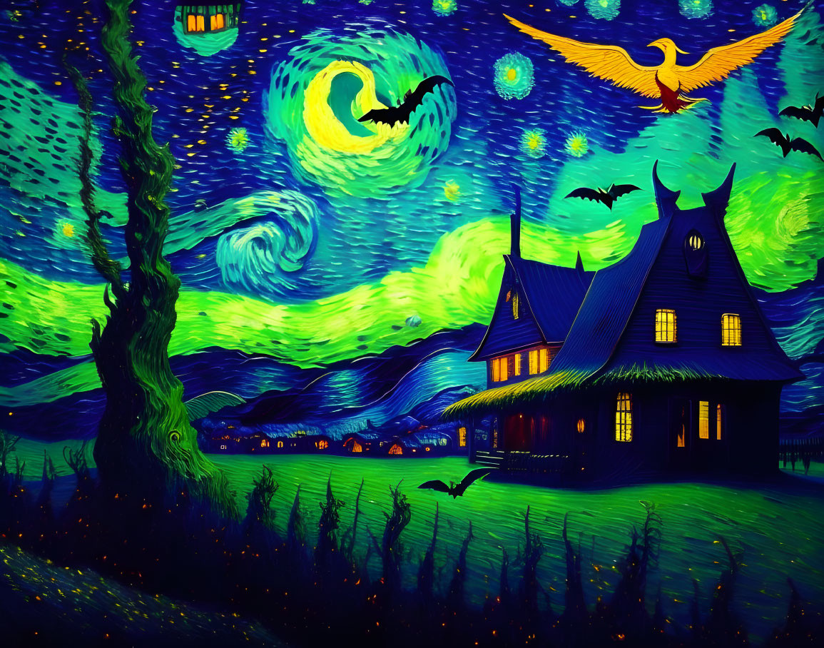 Whimsical night scene with swirling starry sky, lone house, tree, and flying creatures