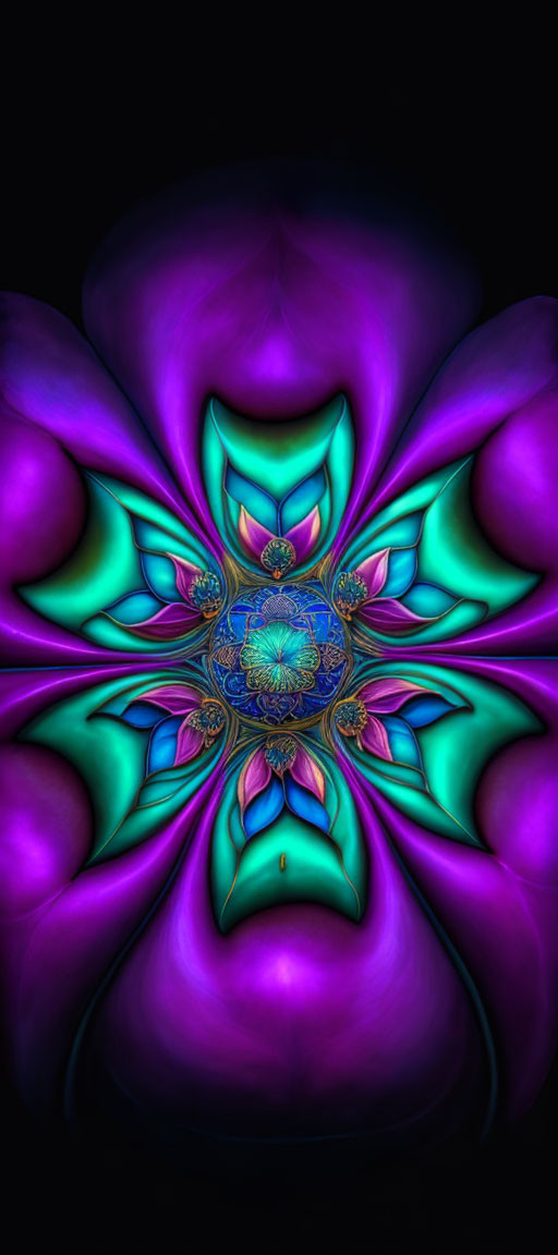 Symmetrical neon digital art with fractal design in purple, blue, and green