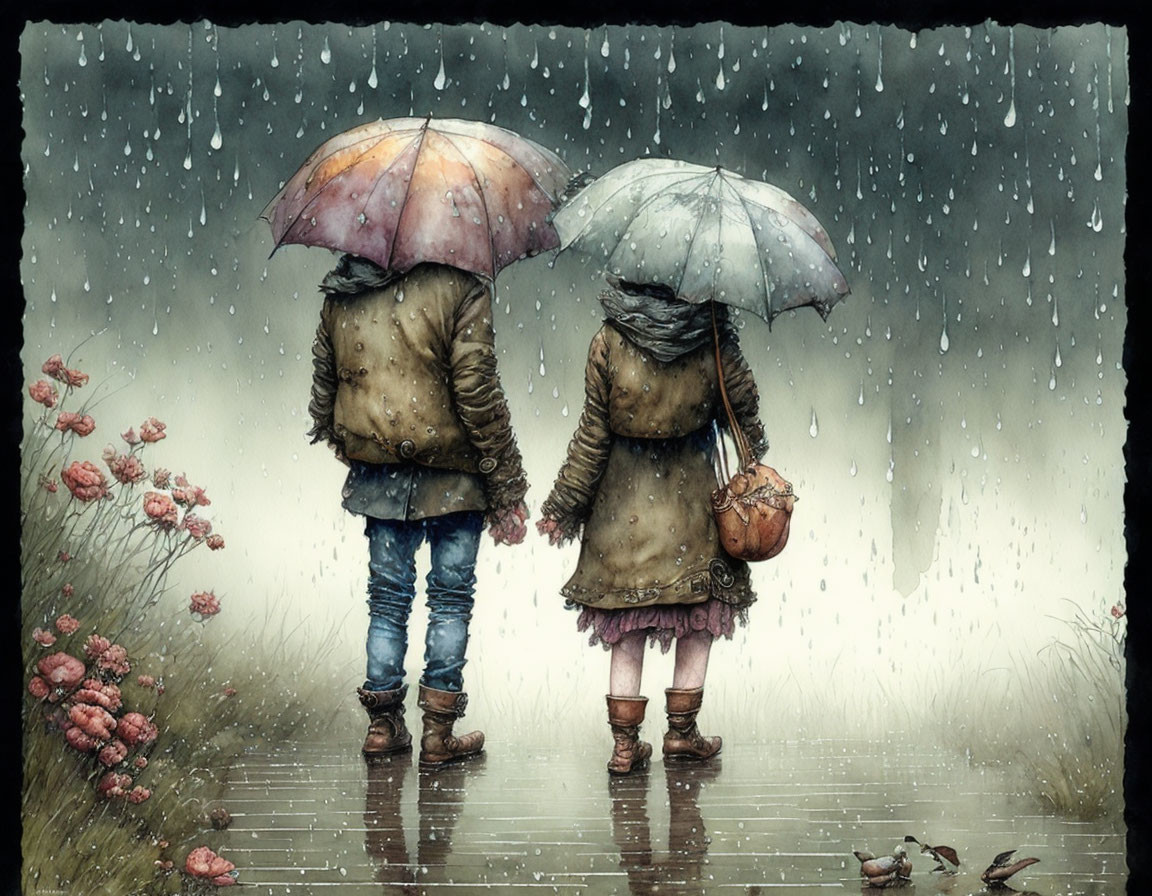 Children with umbrellas walking in rain beside flowers