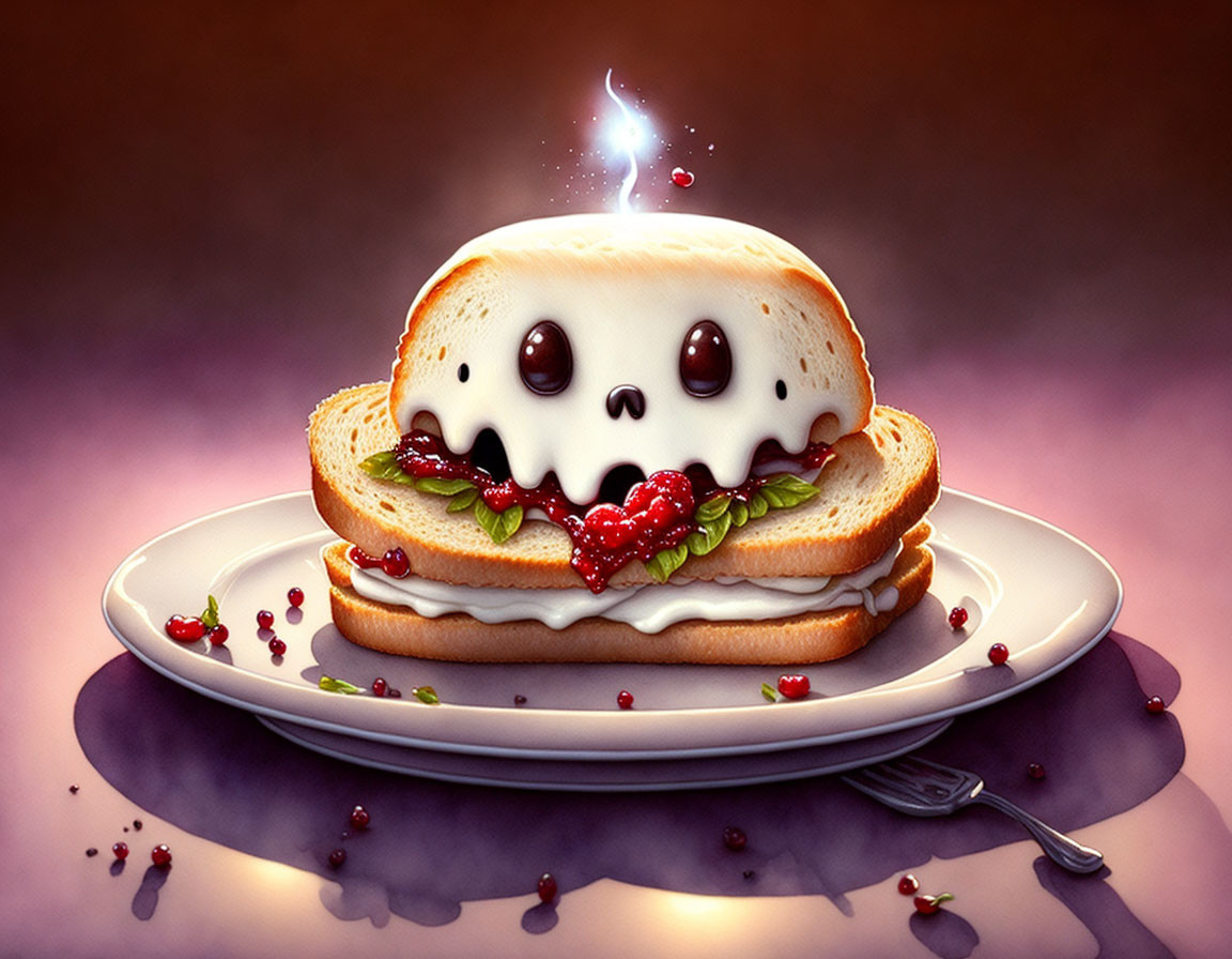 Adorable ghost-themed sandwich with berries and leaves on plate