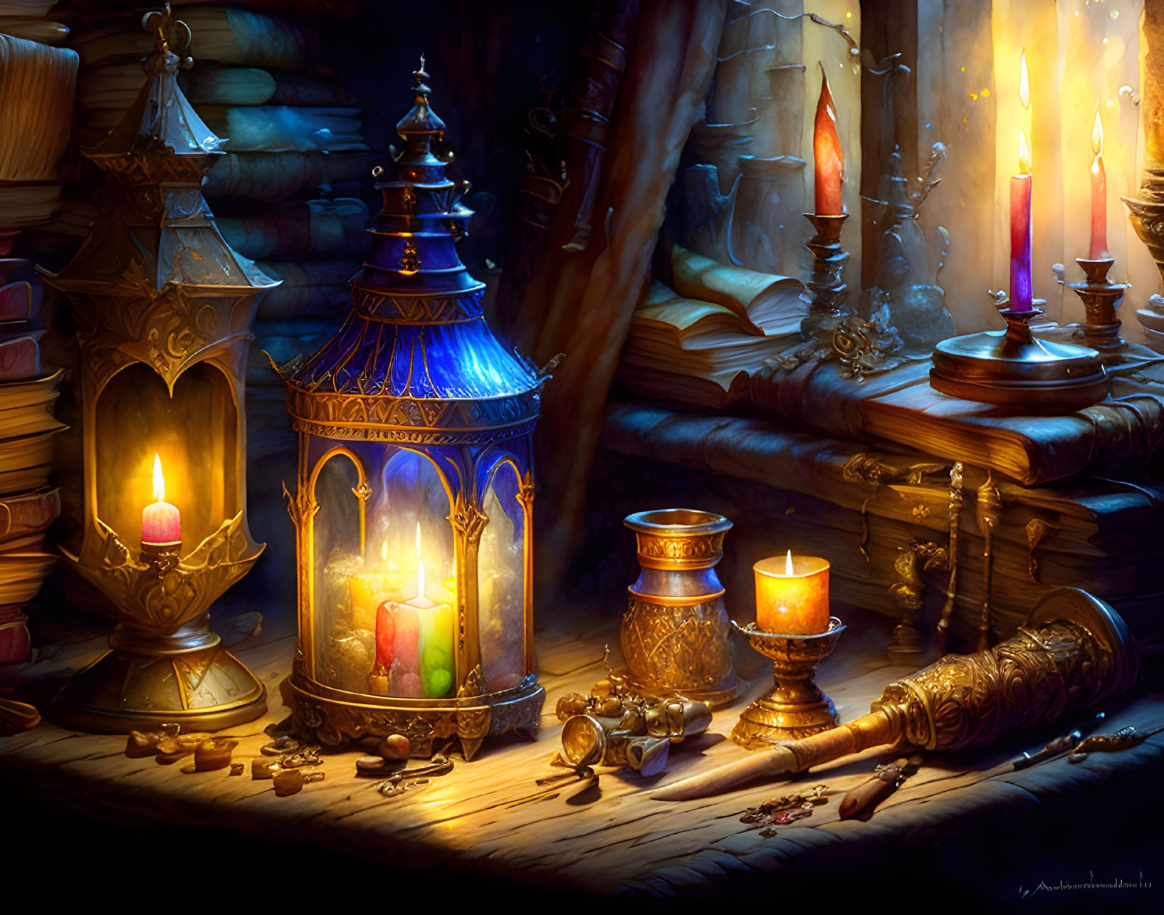 Ornate lanterns, candles, coins, and scroll case on wooden surface