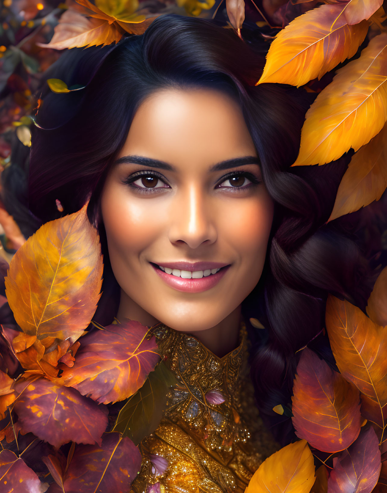 Smiling woman with dark hair in golden outfit among autumn leaves