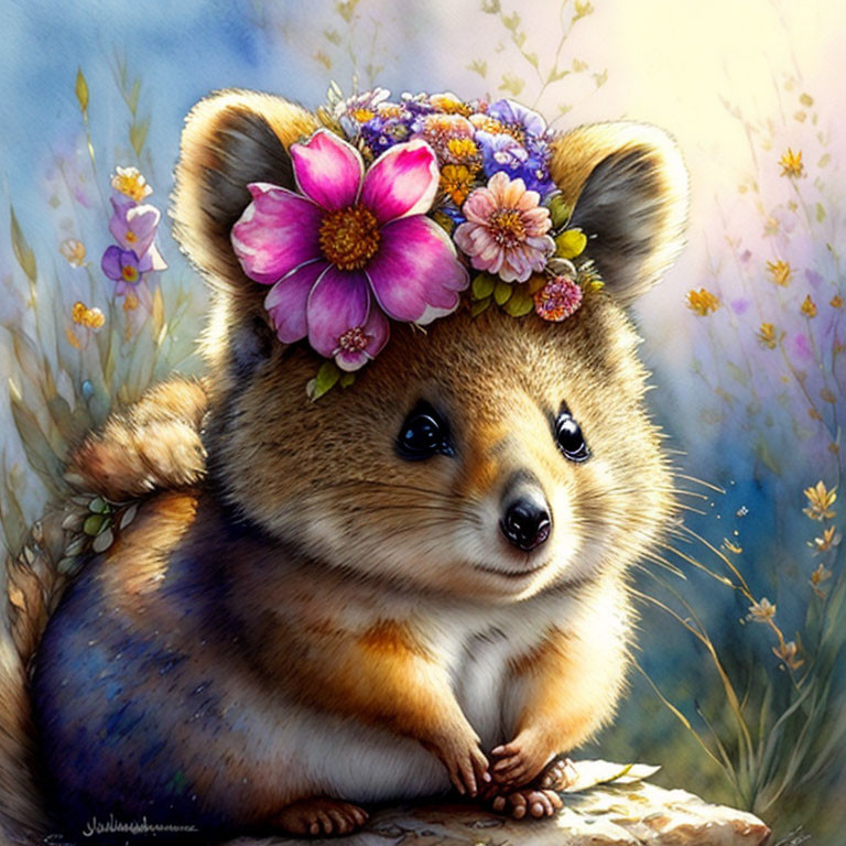 Charming quokka with flower crown in floral setting