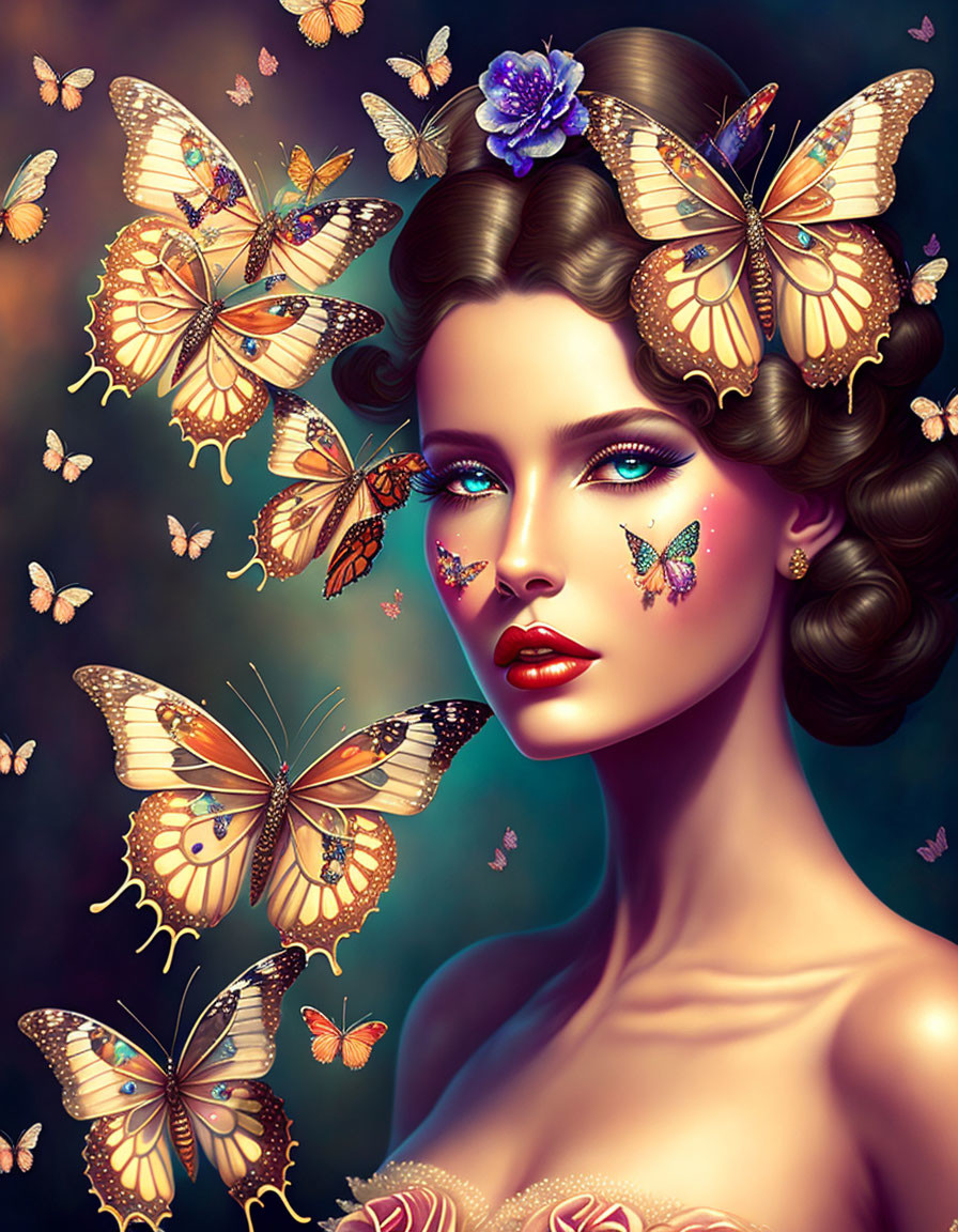 Illustrated woman with vintage hairstyle and butterflies, blue eyes, flower detail