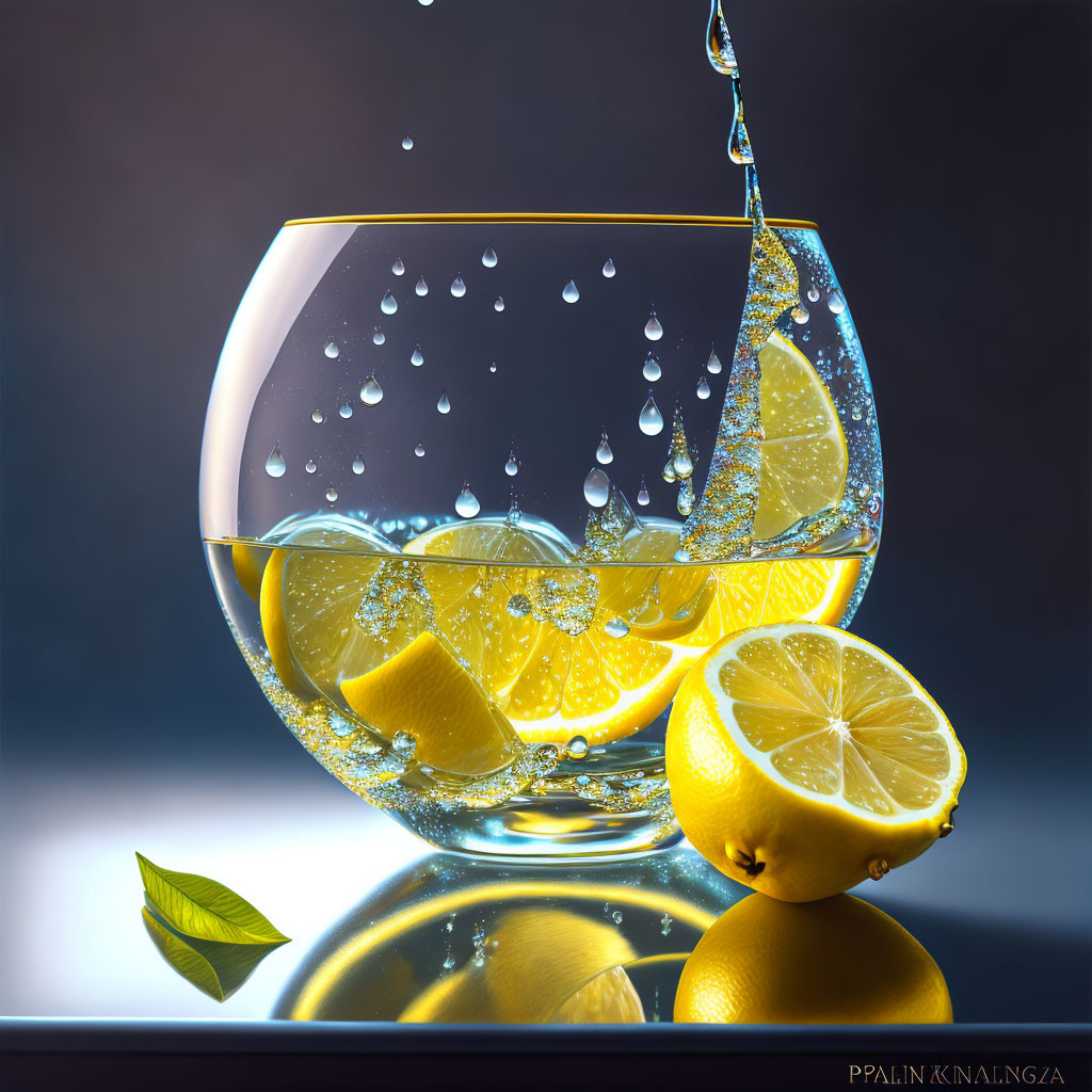 Digital artwork: Half-filled glass with water and lemon slices, featuring water droplets and a vibrant lemon