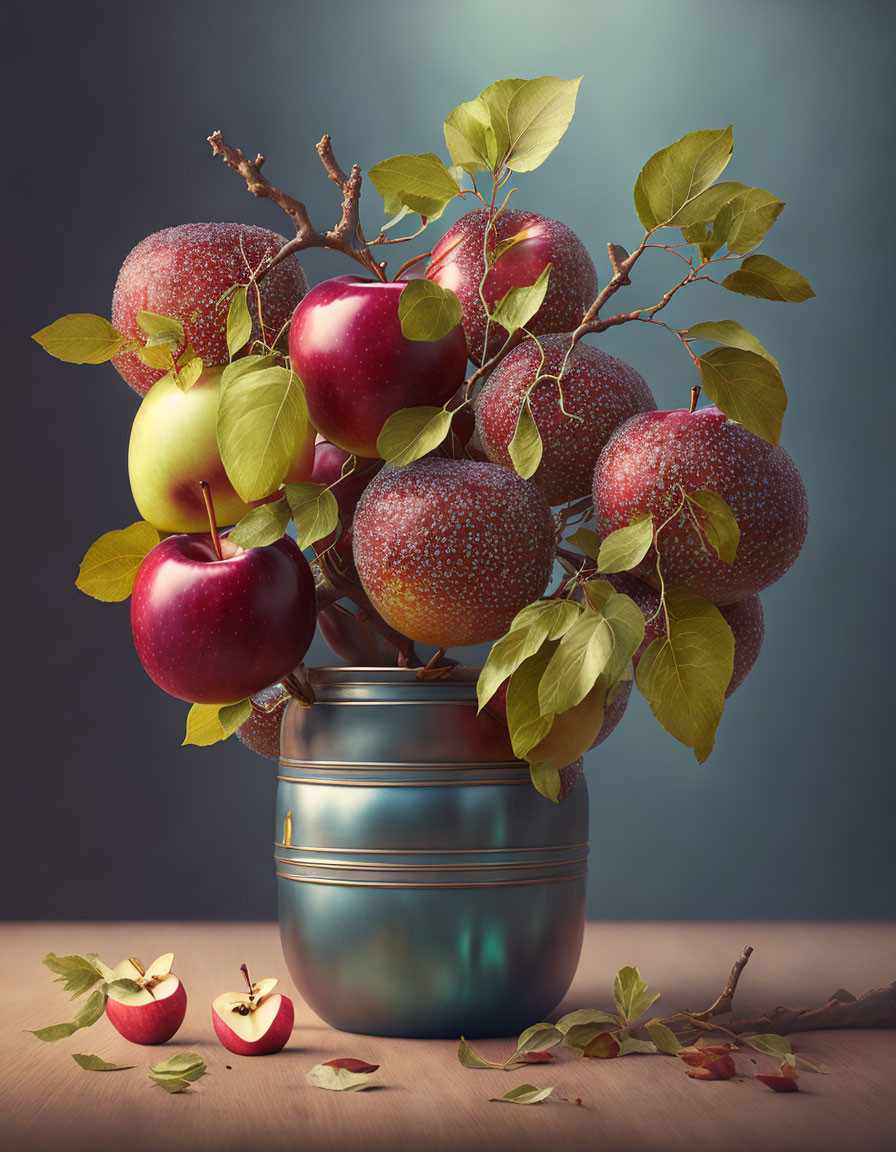 Still-life composition: ripe red apples and green leaves in a vase