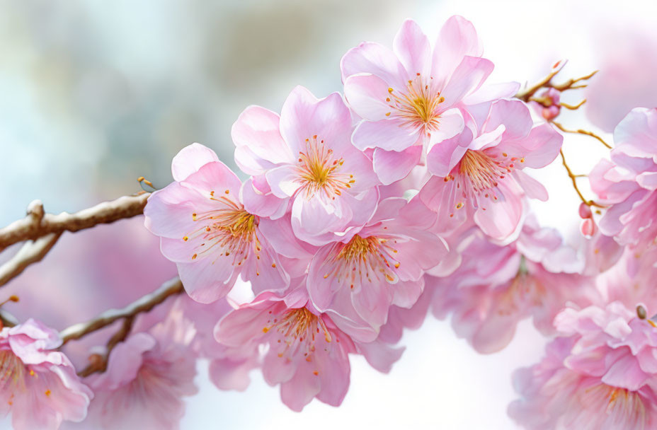 Pink Cherry Blossoms in Full Bloom with Soft-focus Spring Background