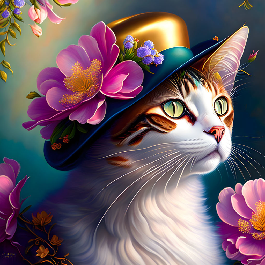 Colorful Cat Art: Green-eyed feline in floral hat with pink flowers