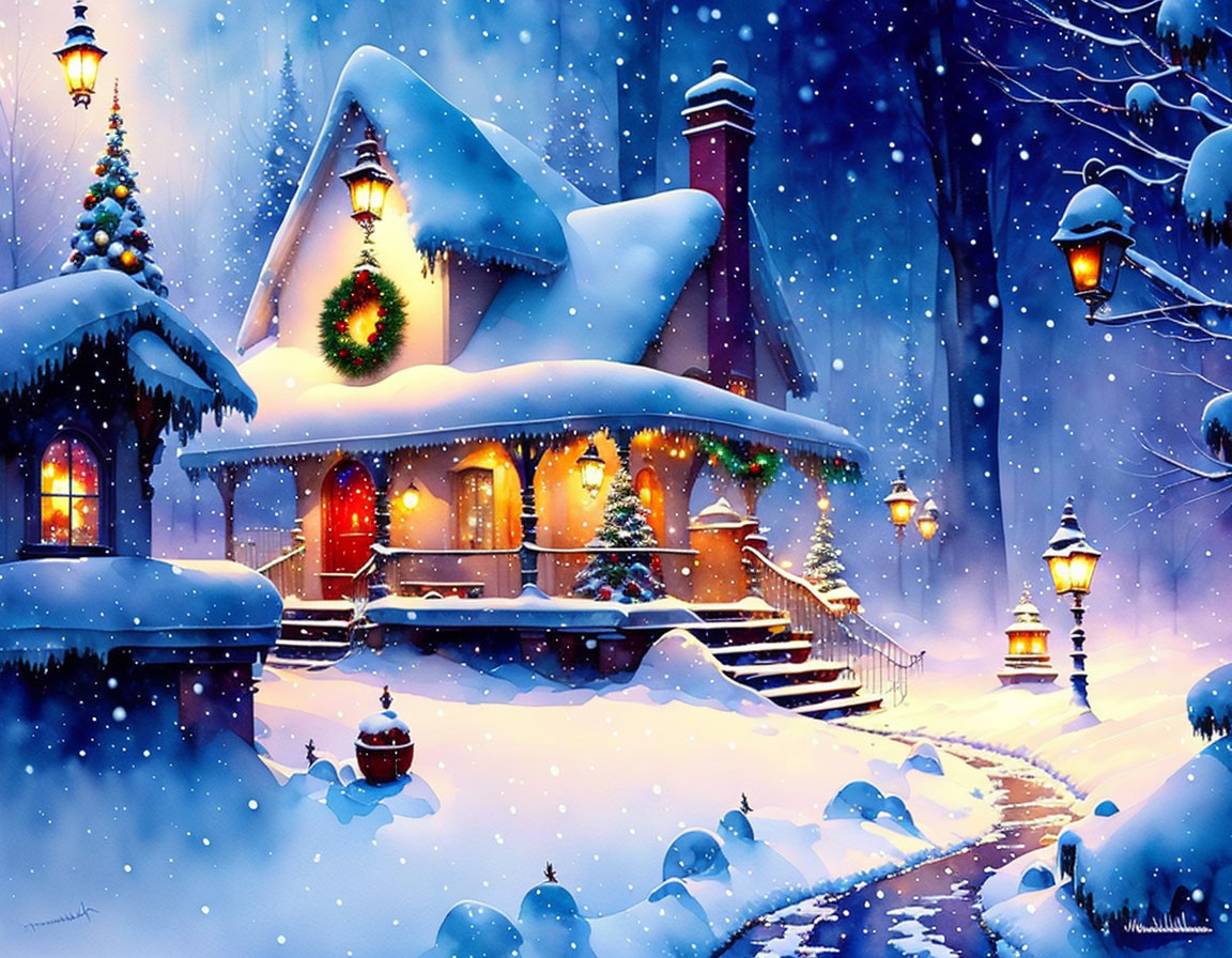 Snow-covered Christmas house with warm lights and lanterns at twilight