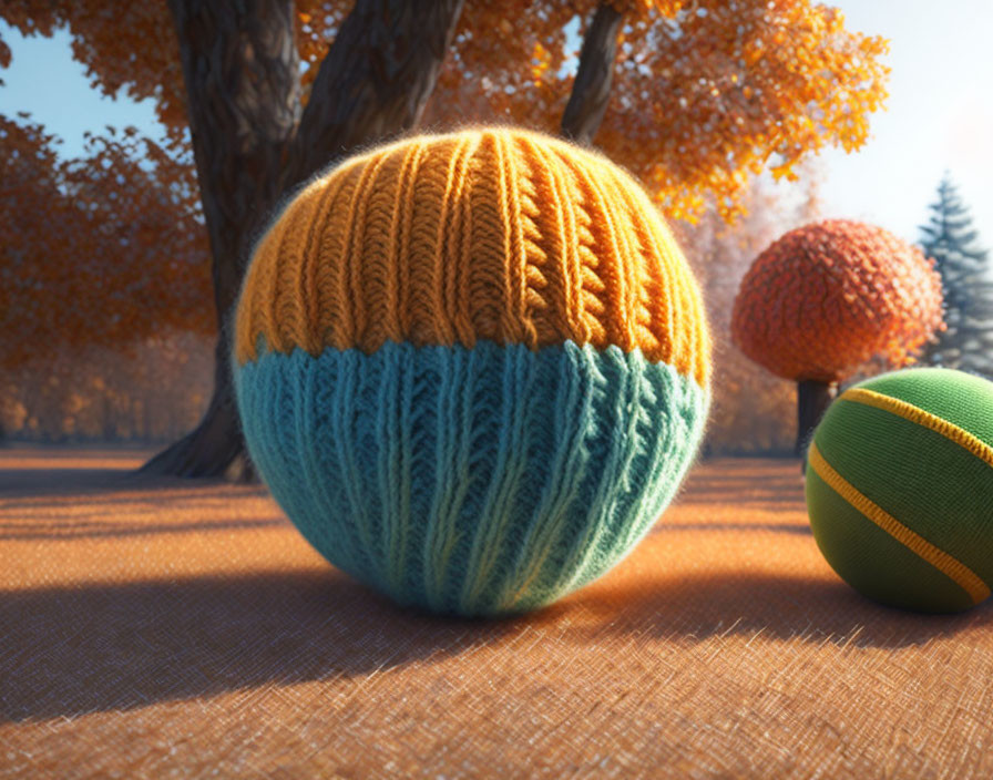 Autumn landscape: trees as yarn balls on knitted ground