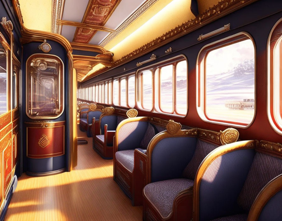 Opulent Vintage Train Compartment with Plush Blue Seats