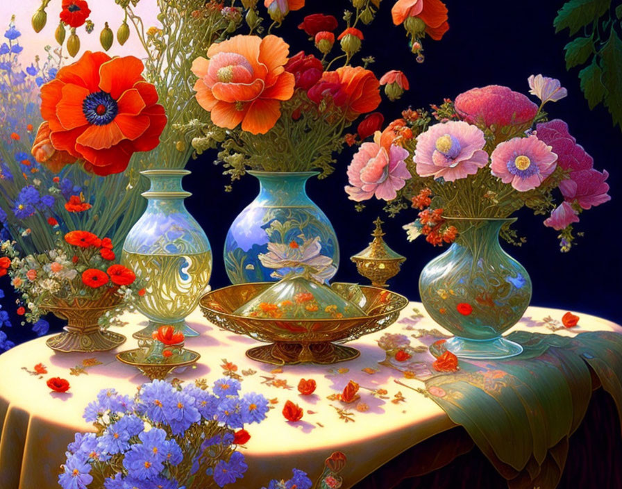 Elaborate still life with vibrant flowers, vases, and golden bowls