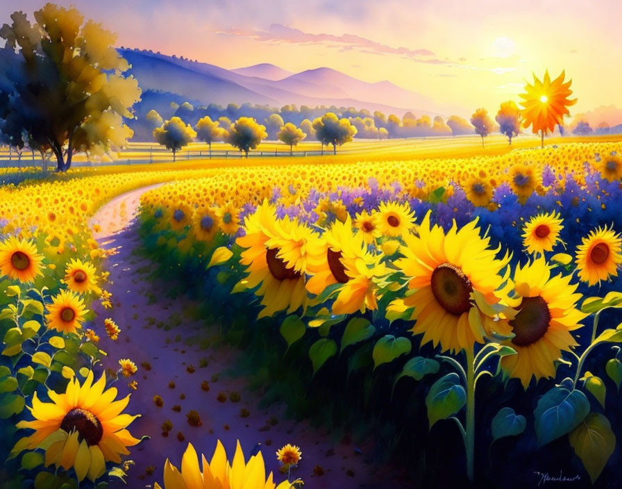 Sunflower field at sunrise with path, purple mountains, and trees