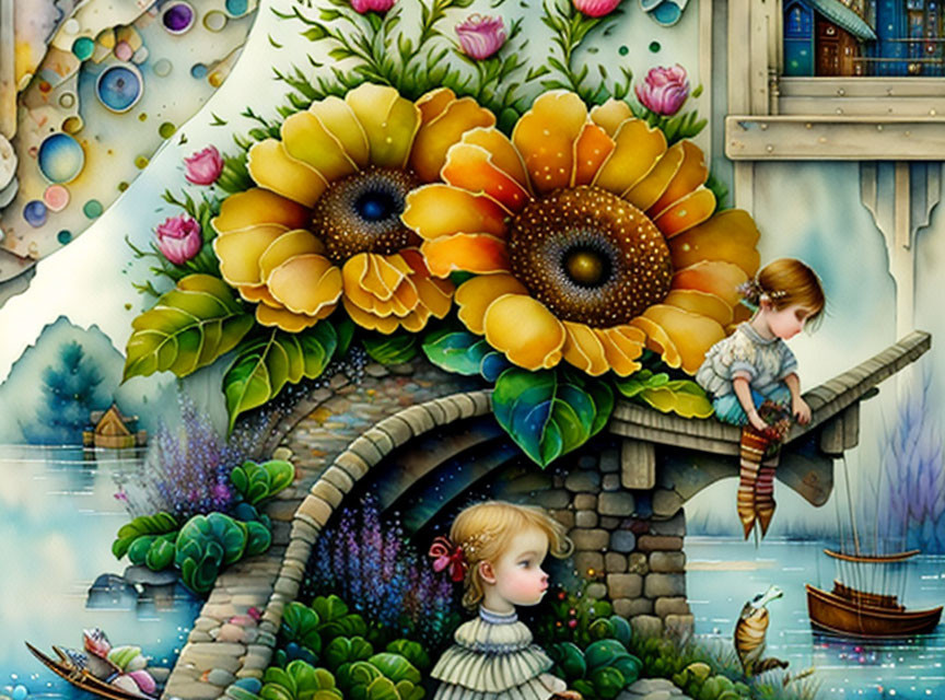 Children by Pond with Giant Flowers and Boat in Whimsical Illustration