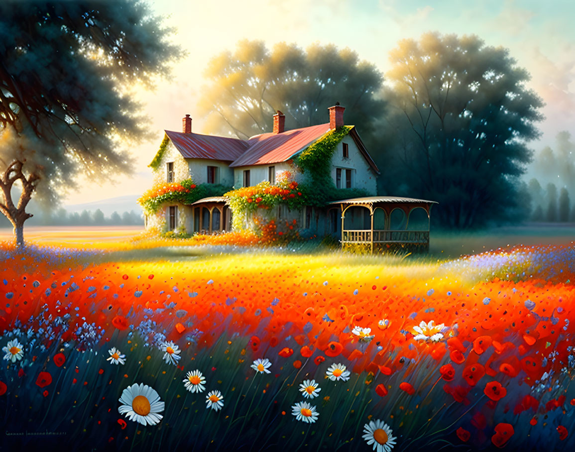 Countryside house in poppy and daisy field at sunrise