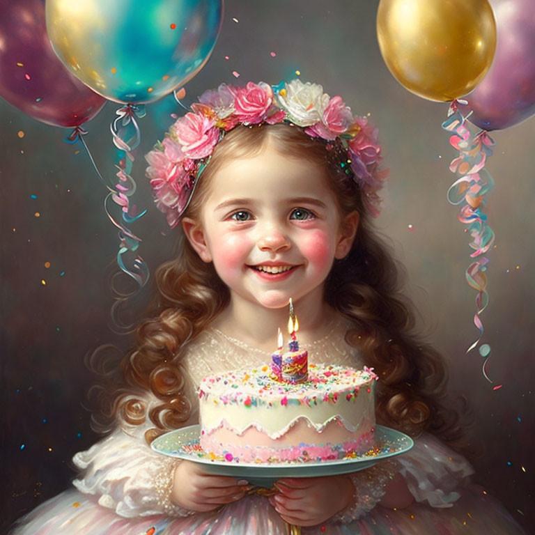 Young girl with flower crown holding birthday cake and balloons.