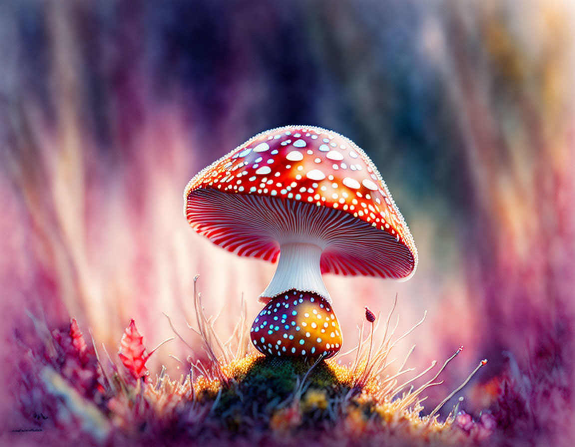 Colorful red-capped mushroom on green moss hill with blurred vegetation