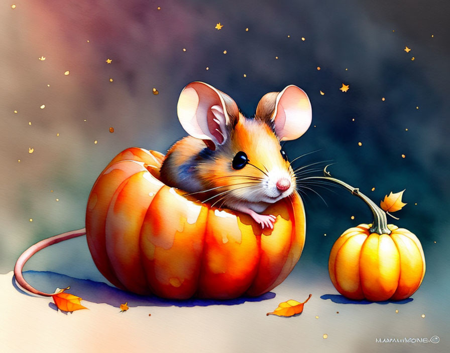 Whimsical illustration of cute mouse in pumpkin with falling leaves