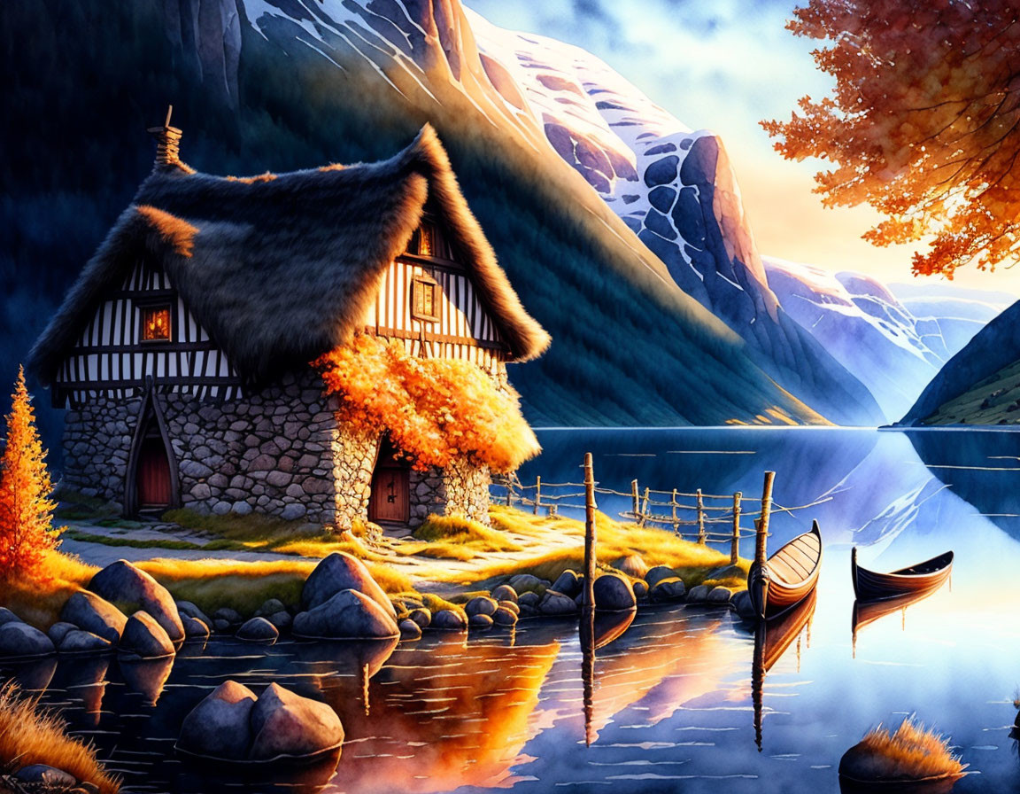 Tranquil lakeside autumn scenery with thatched-roof cottage