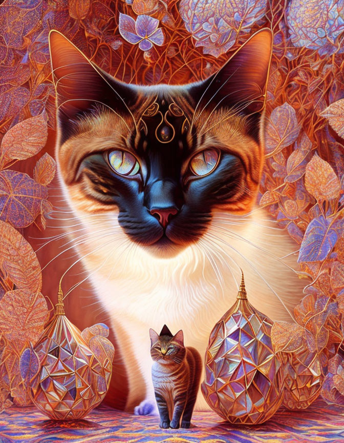 Colorful digital artwork: Majestic cat with intricate patterns, lanterns, and mini version