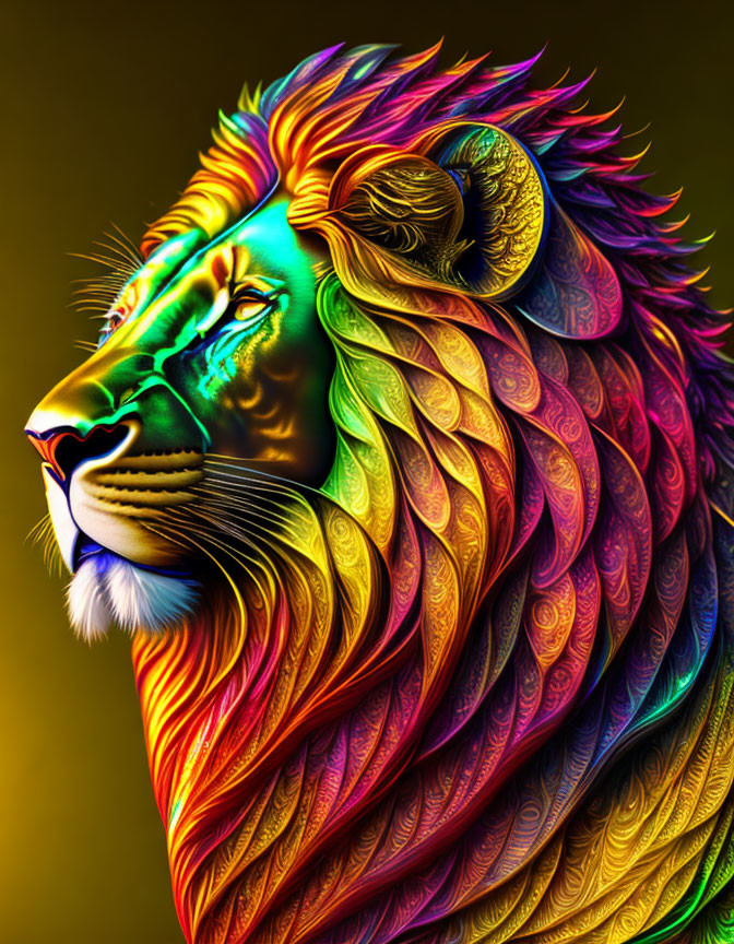 Colorful lion digital artwork with neon mane on golden backdrop