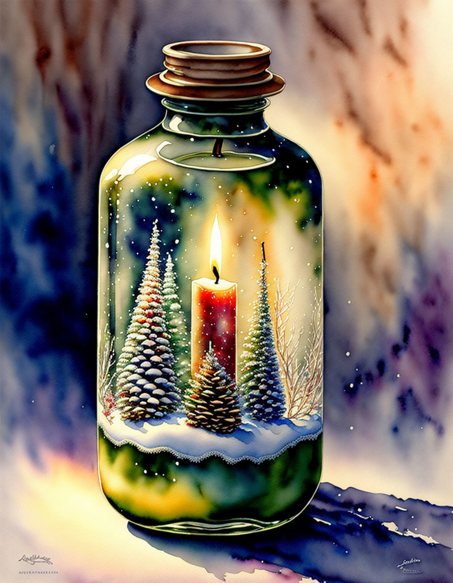 Winter Candle Watercolor Illustration with Snowy Landscape