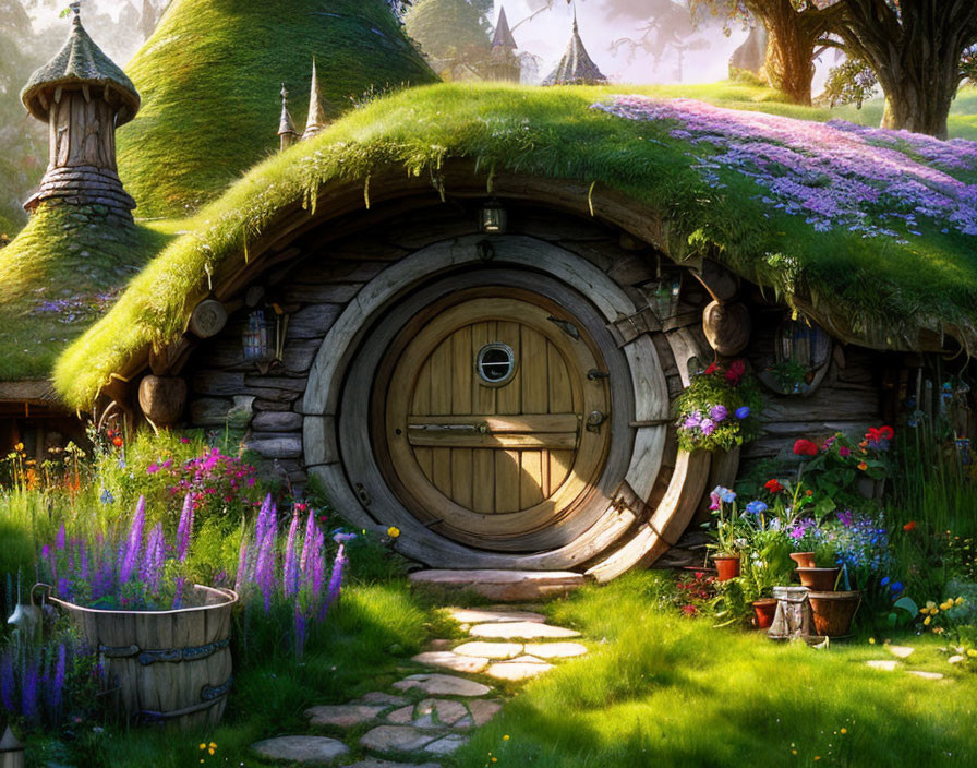 Round-door hobbit house with grassy roof in lush fantasy landscape