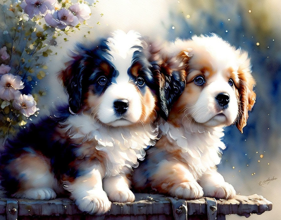 Fluffy Bernese Mountain Dog Puppies Surrounded by Blooming Flowers